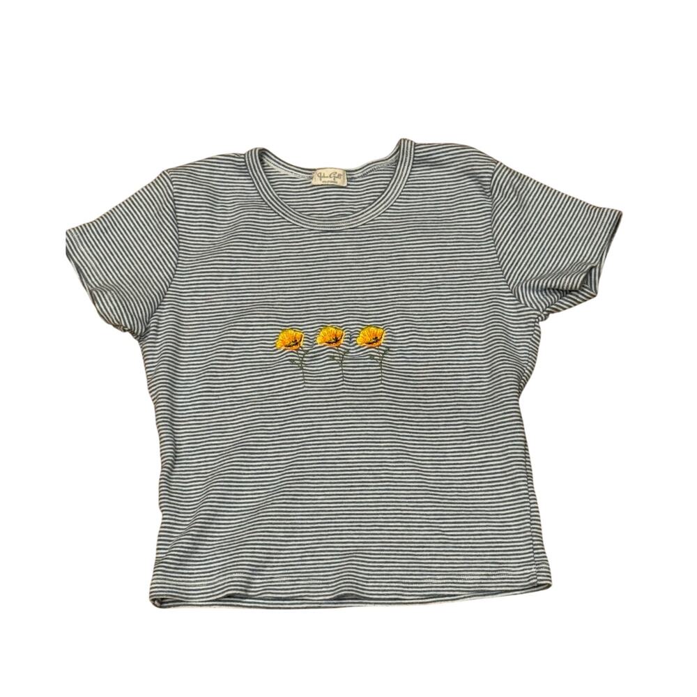 John Galt Brandy Melville Tshirt tee Striped Cropped embroidered Sunflower